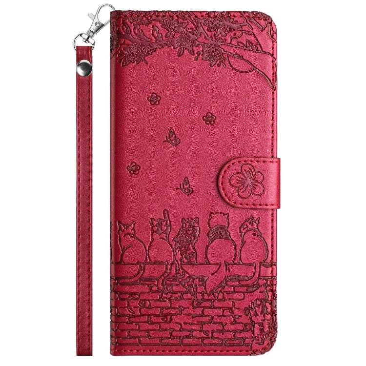 For iPhone 16 Cat Embossing Pattern Leather Phone Case with Lanyard(Red) - iPhone 16 Cases by PMC TechLife | Online Shopping South Africa | PMC TechLife | Buy Now Pay Later Mobicred