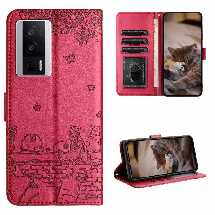 For Xiaomi Poco F5 Pro Cat Embossing Pattern Leather Phone Case with Lanyard(Red) - Xiaomi Cases by PMC Jewellery | Online Shopping South Africa | PMC Jewellery | Buy Now Pay Later Mobicred