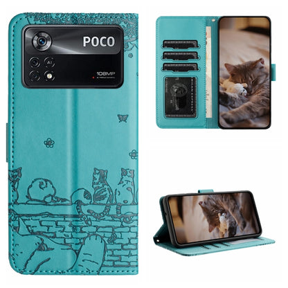 For Xiaomi Poco X4 Pro 5G Cat Embossing Pattern Leather Phone Case with Lanyard(Blue) - Xiaomi Cases by PMC Jewellery | Online Shopping South Africa | PMC Jewellery | Buy Now Pay Later Mobicred