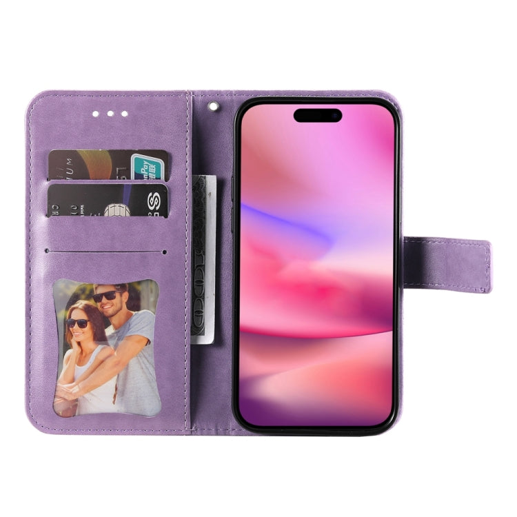 For iPhone 16 7-petal Flowers Embossing Leather Phone Case(Light Purple) - iPhone 16 Cases by PMC Jewellery | Online Shopping South Africa | PMC Jewellery | Buy Now Pay Later Mobicred