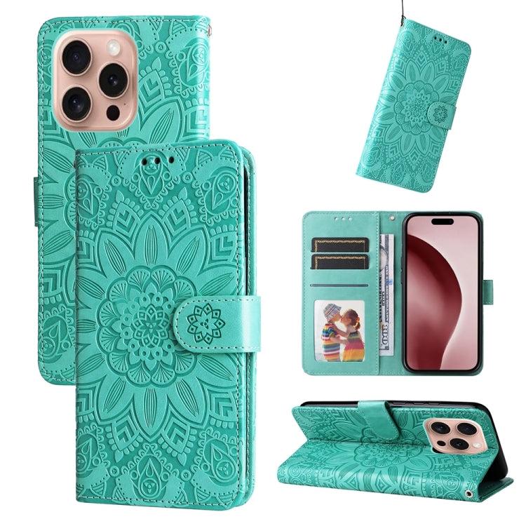 For iPhone 16 Pro Embossed Sunflower Leather Phone Case(Green) - iPhone 16 Pro Cases by PMC TechLife | Online Shopping South Africa | PMC TechLife | Buy Now Pay Later Mobicred