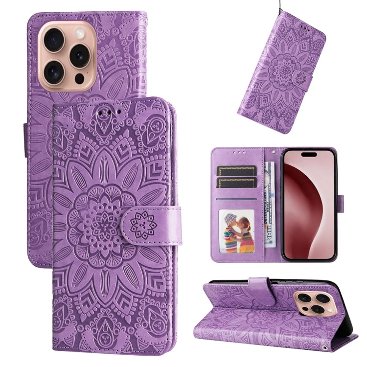 For iPhone 16 Pro Embossed Sunflower Leather Phone Case(Purple) - iPhone 16 Pro Cases by PMC Jewellery | Online Shopping South Africa | PMC Jewellery | Buy Now Pay Later Mobicred