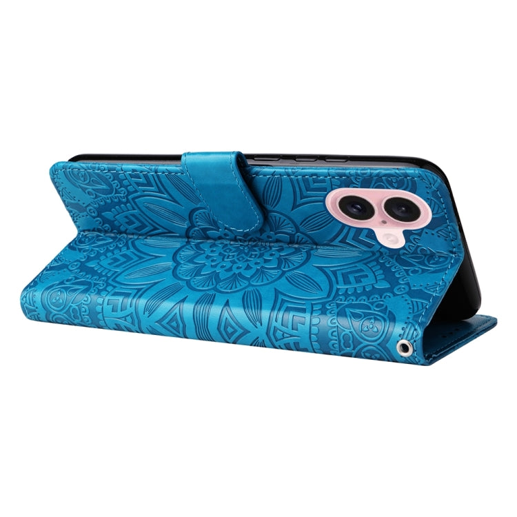 For iPhone 16 Embossed Sunflower Leather Phone Case(Blue) - free shipping - PMC TechLife - Order now!