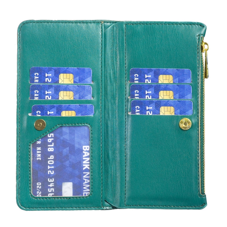 For iPhone 16 Diamond Lattice Zipper Wallet Leather Flip Phone Case(Green) - iPhone 16 Cases by PMC TechLife | Online Shopping South Africa | PMC TechLife | Buy Now Pay Later Mobicred