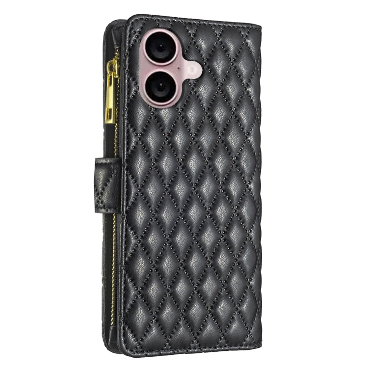 For iPhone 16 Diamond Lattice Zipper Wallet Leather Flip Phone Case(Black) - iPhone 16 Cases by PMC Jewellery | Online Shopping South Africa | PMC Jewellery | Buy Now Pay Later Mobicred