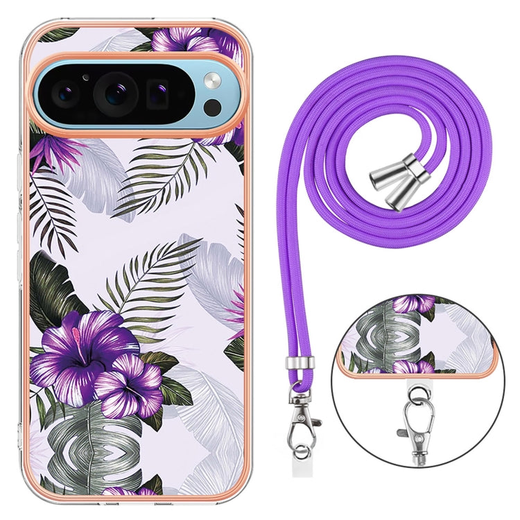 For Google Pixel 9 / 9 Pro Electroplating IMD TPU Phone Case with Lanyard(Purple Flower) - Google Cases by PMC Jewellery | Online Shopping South Africa | PMC Jewellery | Buy Now Pay Later Mobicred