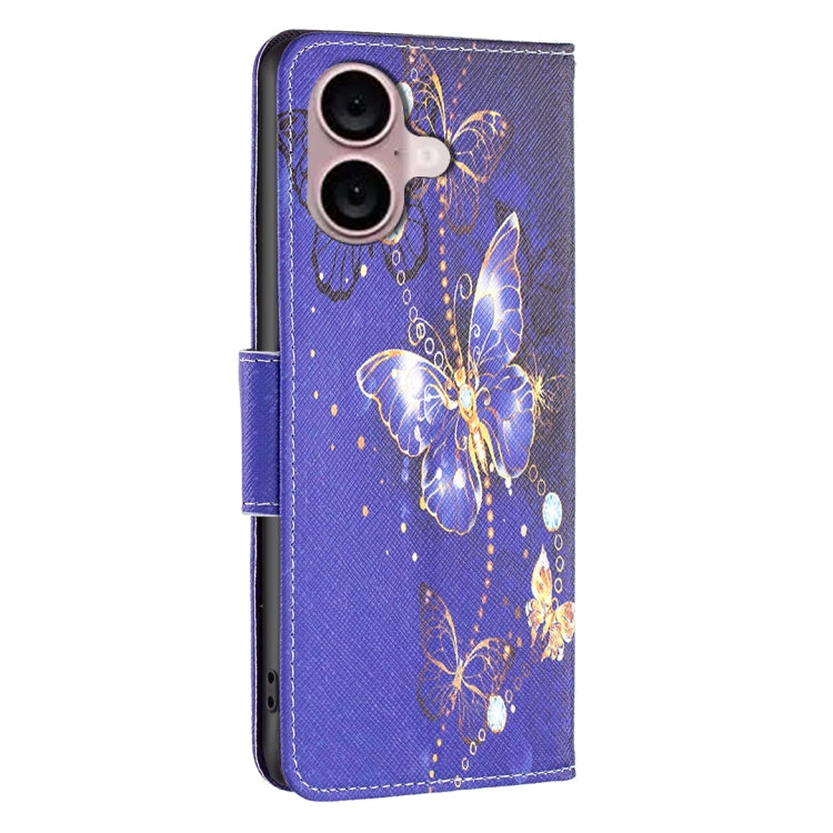 For iPhone 16 Colored Drawing Pattern Flip Leather Phone Case(Purple Butterfly) - iPhone 16 Cases by PMC Jewellery | Online Shopping South Africa | PMC Jewellery | Buy Now Pay Later Mobicred