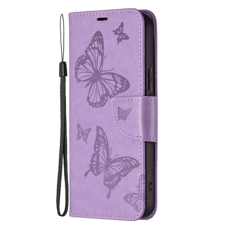 For iPhone 16 Embossing Two Butterflies Pattern Leather Phone Case(Purple) - iPhone 16 Cases by PMC Jewellery | Online Shopping South Africa | PMC Jewellery | Buy Now Pay Later Mobicred