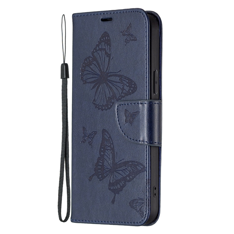 For iPhone 16 Embossing Two Butterflies Pattern Leather Phone Case(Blue) - iPhone 16 Cases by PMC TechLife | Online Shopping South Africa | PMC TechLife | Buy Now Pay Later Mobicred