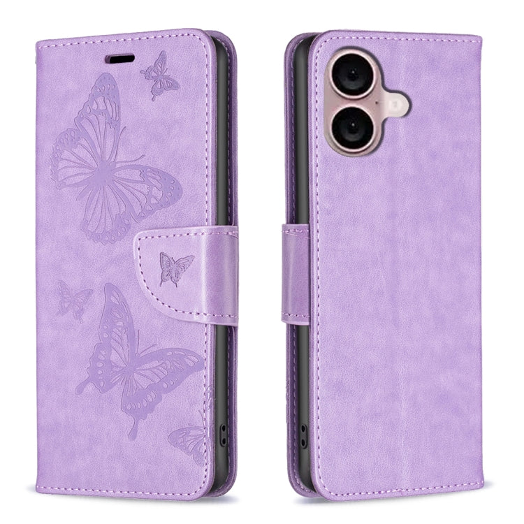 For iPhone 16 Plus Embossing Two Butterflies Pattern Leather Phone Case(Purple) - free shipping - PMC TechLife - Order now!