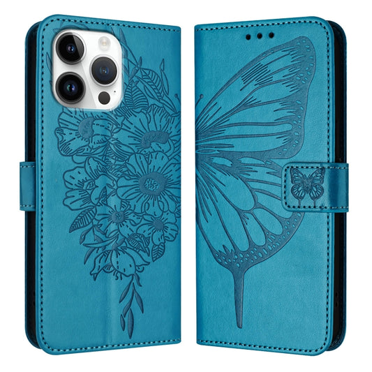 For iPhone 16 Pro Max Embossed Butterfly Leather Phone Case(Blue) - iPhone 16 Pro Max Cases by PMC Jewellery | Online Shopping South Africa | PMC Jewellery | Buy Now Pay Later Mobicred