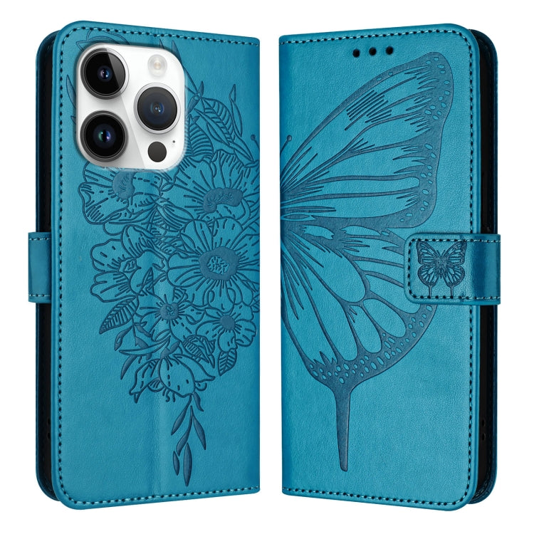 For iPhone 16 Pro Embossed Butterfly Leather Phone Case(Blue) - iPhone 16 Pro Cases by PMC TechLife | Online Shopping South Africa | PMC TechLife | Buy Now Pay Later Mobicred
