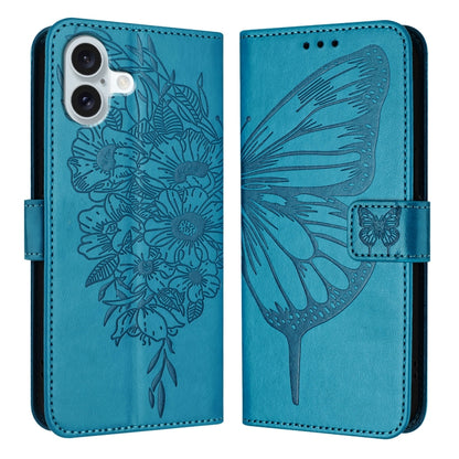 For iPhone 16 Plus Embossed Butterfly Leather Phone Case(Blue) - iPhone 16 Plus Cases by PMC Jewellery | Online Shopping South Africa | PMC Jewellery | Buy Now Pay Later Mobicred