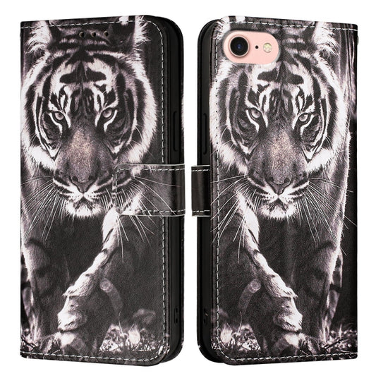 For iPhone SE 2024 Colored Drawing Pattern Plain Weave Leather Phone Case(Black And White Tiger) - More iPhone Cases by PMC Jewellery | Online Shopping South Africa | PMC Jewellery | Buy Now Pay Later Mobicred