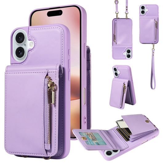 For iPhone 16 Plus Crossbody Lanyard Zipper Wallet Leather Phone Case(Purple) - iPhone 16 Plus Cases by PMC Jewellery | Online Shopping South Africa | PMC Jewellery | Buy Now Pay Later Mobicred