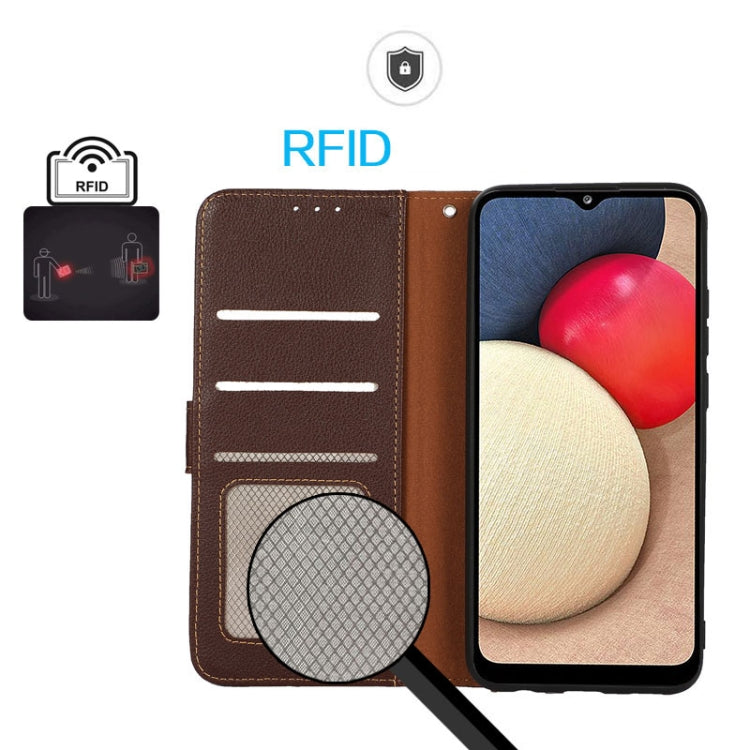 For iPhone 16e KHAZNEH Litchi Texture Leather RFID Phone Case(Brown) - iPhone 16e Cases by PMC TechLife | Online Shopping South Africa | PMC TechLife | Buy Now Pay Later Mobicred