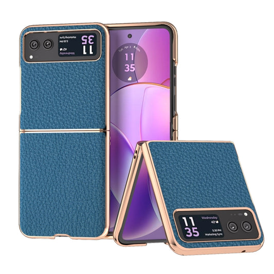 For Motorola Razr 40 Nano Electroplating Genuine Leather Litchi Texture Phone Case(Blue) - Motorola Cases by PMC Jewellery | Online Shopping South Africa | PMC Jewellery | Buy Now Pay Later Mobicred