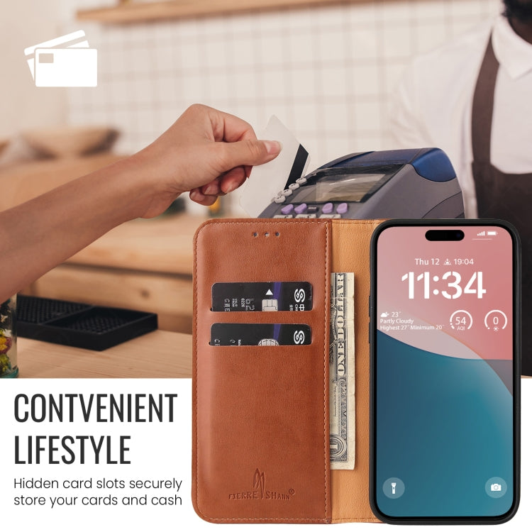 For iPhone 16 Pro Fierre Shann PU Genuine Leather Texture Phone Case(Brown) - iPhone 16 Pro Cases by FIERRE SHANN | Online Shopping South Africa | PMC Jewellery | Buy Now Pay Later Mobicred