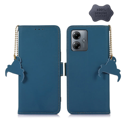 For Motorola Moto G14 4G Genuine Leather Magnetic RFID Leather Phone Case(Blue) - Motorola Cases by PMC Jewellery | Online Shopping South Africa | PMC Jewellery | Buy Now Pay Later Mobicred