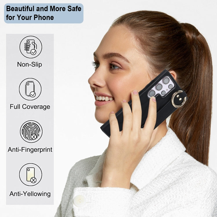 For Samsung Galaxy S23 Ultra Non-slip Full Coverage Ring PU Phone Case with Wristband(Black) - Galaxy S23 Ultra 5G Cases by PMC TechLife | Online Shopping South Africa | PMC TechLife