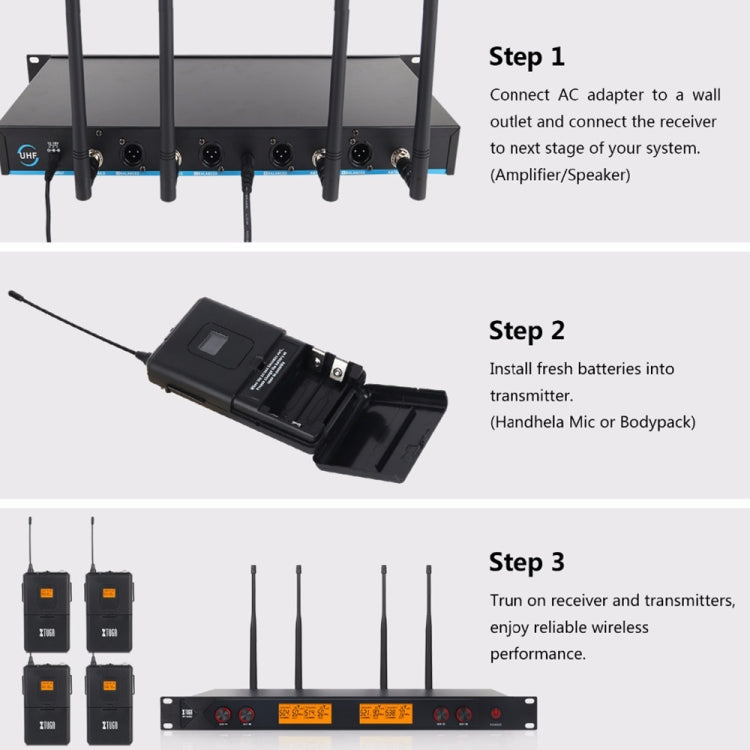 XTUGA A400-HB Professional 4-Channel UHF Wireless Microphone System with 2 Handheld & 2 Headset Microphone(EU Plug) - Microphone by XTUGA | Online Shopping South Africa | PMC Jewellery | Buy Now Pay Later Mobicred