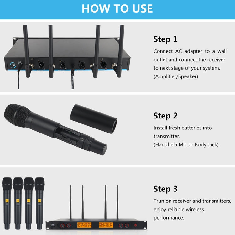 XTUGA A400-H Professional 4-Channel UHF Wireless Microphone System with 4 Handheld Microphone(EU Plug) - Microphone by XTUGA | Online Shopping South Africa | PMC Jewellery | Buy Now Pay Later Mobicred