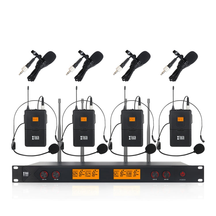 XTUGA A400-B Professional 4-Channel UHF Wireless Microphone System with 4 BodyPack Lavalier Headset Microphone(AU Plug) - Microphone by XTUGA | Online Shopping South Africa | PMC Jewellery | Buy Now Pay Later Mobicred