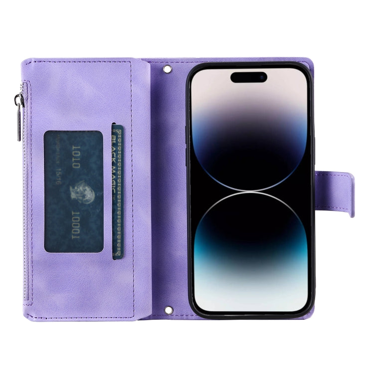 For iPhone 16 Plus Multi-Card Totem Zipper Leather Phone Case(Purple) - iPhone 16 Plus Cases by PMC Jewellery | Online Shopping South Africa | PMC Jewellery | Buy Now Pay Later Mobicred