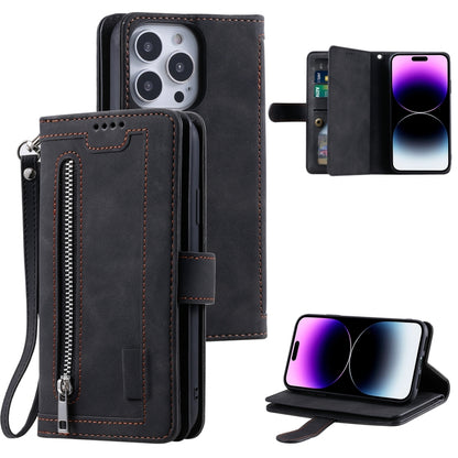 For iPhone 16 Pro Max Nine Card Zipper Bag Leather Phone Case with Lanyard(Black) - iPhone 16 Pro Max Cases by PMC Jewellery | Online Shopping South Africa | PMC Jewellery | Buy Now Pay Later Mobicred