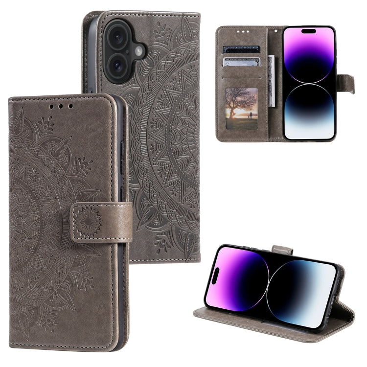 For iPhone 16 Totem Flower Embossed Leather Phone Case(Grey) - iPhone 16 Cases by PMC TechLife | Online Shopping South Africa | PMC TechLife | Buy Now Pay Later Mobicred