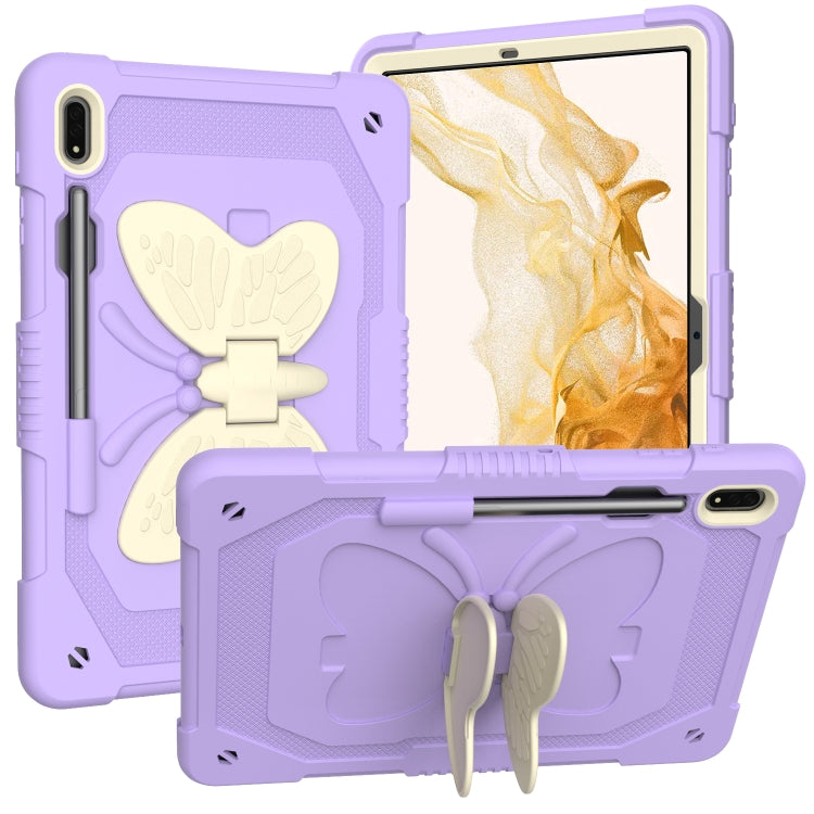 For Samsung Galaxy Tab S9+ Butterfly Kickstand Heavy Duty Hard Rugged Tablet Case(Beige+Raro Purple) - Galaxy Tab S9+ Cases by PMC Jewellery | Online Shopping South Africa | PMC Jewellery | Buy Now Pay Later Mobicred