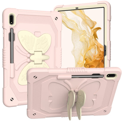 For Samsung Galaxy Tab S9+ Butterfly Kickstand Heavy Duty Hard Rugged Tablet Case(Beige+Rose Pink) - Galaxy Tab S9+ Cases by PMC Jewellery | Online Shopping South Africa | PMC Jewellery | Buy Now Pay Later Mobicred