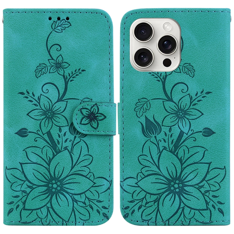 For iPhone 16 Pro Max Lily Embossed Leather Phone Case(Green) - iPhone 16 Pro Max Cases by PMC TechLife | Online Shopping South Africa | PMC TechLife | Buy Now Pay Later Mobicred