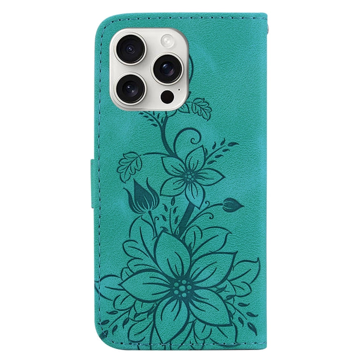 For iPhone 16 Pro Max Lily Embossed Leather Phone Case(Green) - iPhone 16 Pro Max Cases by PMC TechLife | Online Shopping South Africa | PMC TechLife | Buy Now Pay Later Mobicred