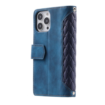 For iPhone 16 Pro Max Grid Texture Zipper Leather Phone Case with Lanyard(Blue) - iPhone 16 Pro Max Cases by PMC Jewellery | Online Shopping South Africa | PMC Jewellery | Buy Now Pay Later Mobicred