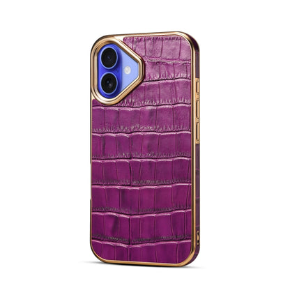 For iPhone 16 Plus Denior Crocodile Texture Genuine Leather Electroplating Phone Case(Purple) - More iPhone Cases by Denior | Online Shopping South Africa | PMC Jewellery | Buy Now Pay Later Mobicred