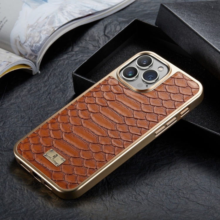 For iPhone 16 Pro Max Fierre Shann Python Texture Electroplating PU Phone Case(Brown) - free shipping - PMC Jewellery - Order now!