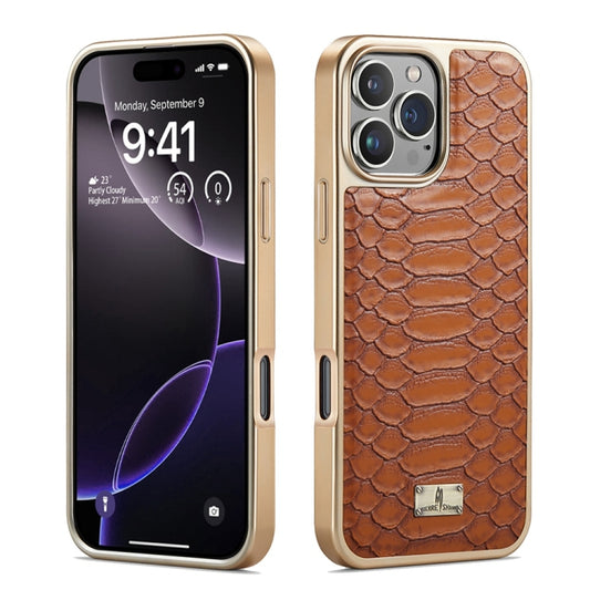 For iPhone 16 Pro Fierre Shann Python Texture Electroplating PU Phone Case(Brown) - iPhone 16 Pro Cases by FIERRE SHANN | Online Shopping South Africa | PMC Jewellery | Buy Now Pay Later Mobicred