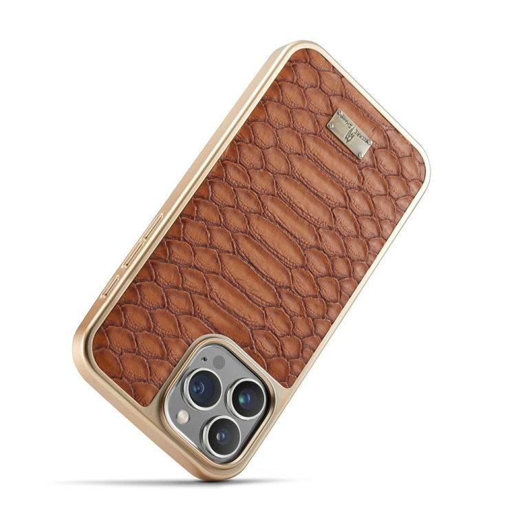 For iPhone 16 Pro Fierre Shann Python Texture Electroplating PU Phone Case(Brown) - iPhone 16 Pro Cases by FIERRE SHANN | Online Shopping South Africa | PMC Jewellery | Buy Now Pay Later Mobicred