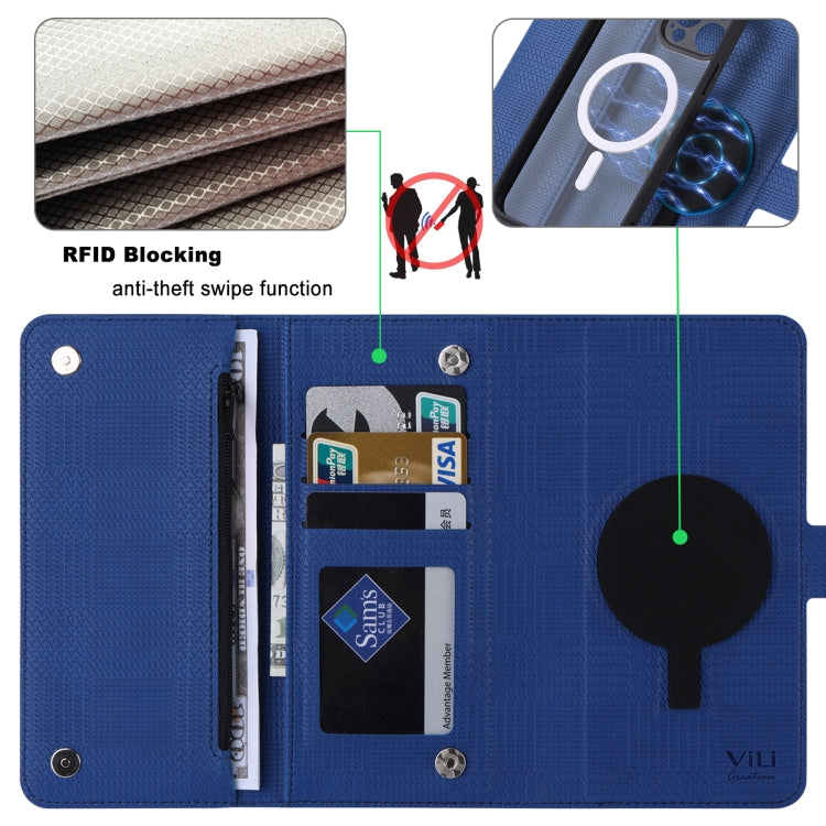 For iPhone 13 Pro ViLi GHB Series MagSafe Magnetic Zipper Leather Phone Case(Blue) - iPhone 13 Pro Cases by ViLi | Online Shopping South Africa | PMC Jewellery | Buy Now Pay Later Mobicred