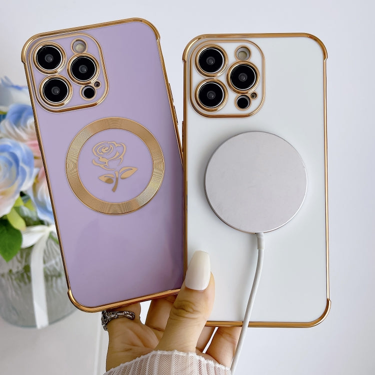 For iPhone 14 Pro Max Electroplate Side Roses Flower MagSafe Phone Case(Blue) - iPhone 14 Pro Max Cases by PMC TechLife | Online Shopping South Africa | PMC TechLife
