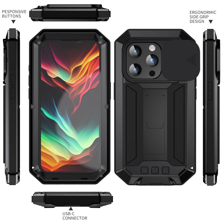 For iPhone 15 Pro R-JUST Sliding Camera IP54 Life Waterproof Holder Phone Case(Black) - iPhone 15 Pro Cases by R-JUST | Online Shopping South Africa | PMC Jewellery | Buy Now Pay Later Mobicred