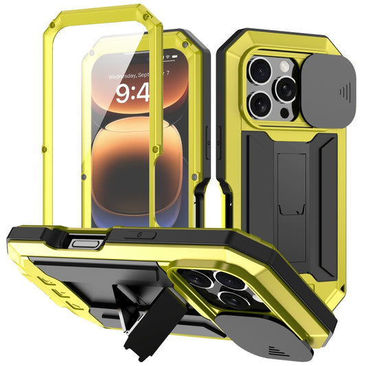 For iPhone 16 Pro Max R-JUST Sliding Camera IP54 Life Waterproof Holder Phone Case(Yellow) - iPhone 16 Pro Max Cases by R-JUST | Online Shopping South Africa | PMC Jewellery | Buy Now Pay Later Mobicred