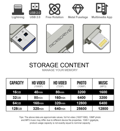 MicroDrive 2 In 1  8 Pin + USB 2.0 Portable Metal USB Flash Disk, Capacity:16GB(Silver) - USB Flash Drives by MICRODRIVE | Online Shopping South Africa | PMC Jewellery | Buy Now Pay Later Mobicred