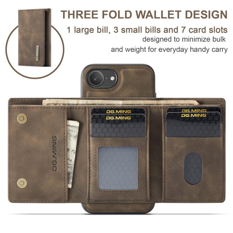 For iPhone 16e DG.MING M1 Series 3-Fold Multi Card Wallet Leather Phone Case(Coffee) - free shipping - PMc TechLife - Order now!