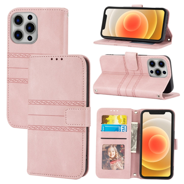 For iPhone 16 Pro Max Embossed Stripes Skin Feel Leather Phone Case(Pink) - iPhone 16 Pro Max Cases by PMC Jewellery | Online Shopping South Africa | PMC Jewellery | Buy Now Pay Later Mobicred