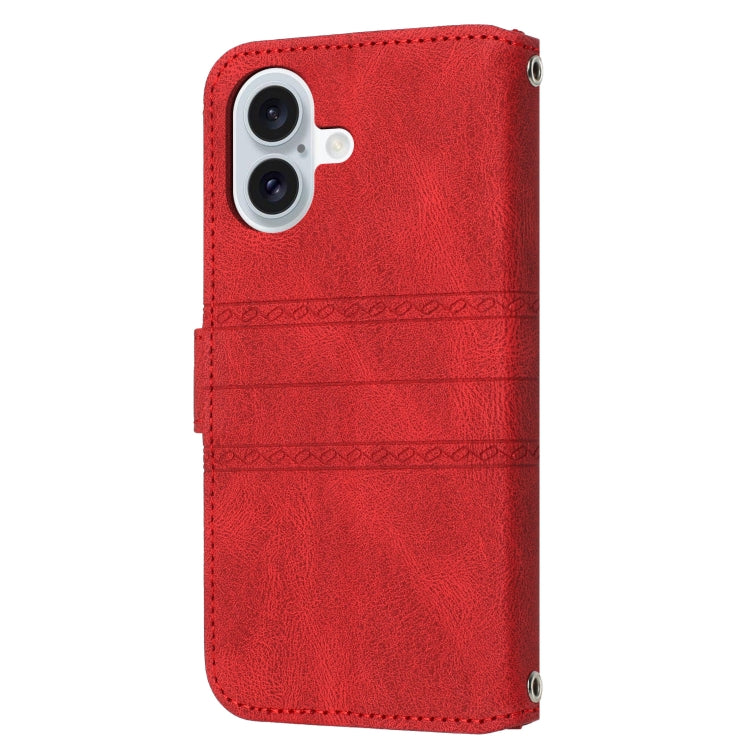 For iPhone 16 Embossed Stripes Skin Feel Leather Phone Case(Red) - iPhone 16 Cases by PMC Jewellery | Online Shopping South Africa | PMC Jewellery | Buy Now Pay Later Mobicred