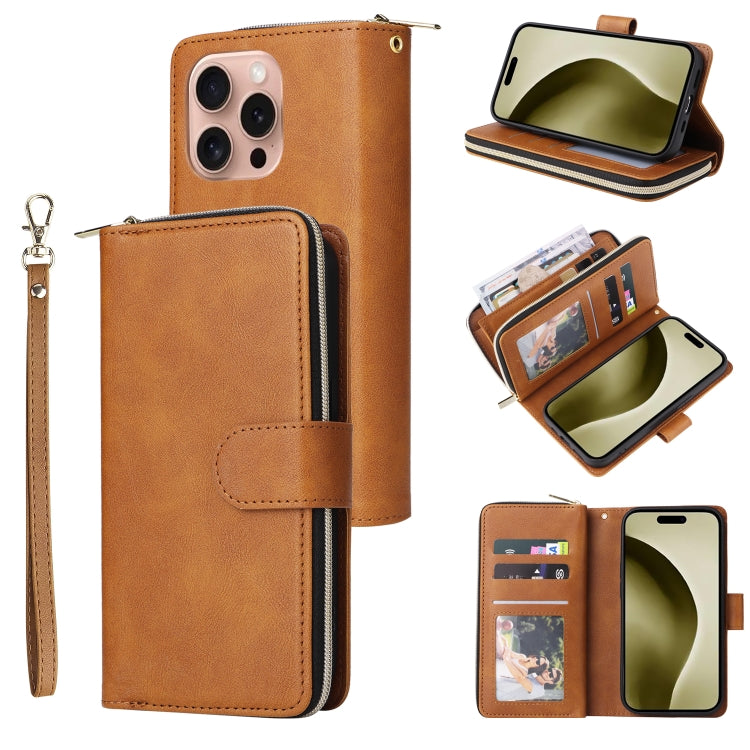 For iPhone 16 Pro 9 Card Slots Zipper Wallet Bag Leather Phone Case(Brown) - iPhone 16 Pro Cases by PMC Jewellery | Online Shopping South Africa | PMC Jewellery | Buy Now Pay Later Mobicred