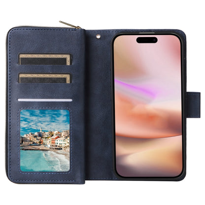 For iPhone 16 Plus 9 Card Slots Zipper Wallet Bag Leather Phone Case(Blue) - iPhone 16 Plus Cases by PMC Jewellery | Online Shopping South Africa | PMC Jewellery | Buy Now Pay Later Mobicred