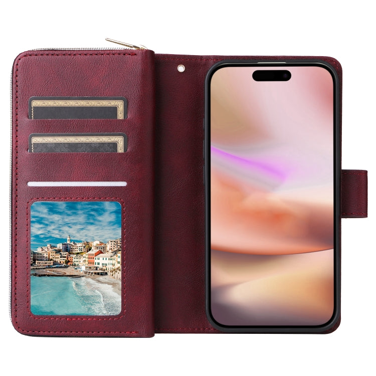 For iPhone 16 Plus 9 Card Slots Zipper Wallet Bag Leather Phone Case(Wine Red) - iPhone 16 Plus Cases by PMC Jewellery | Online Shopping South Africa | PMC Jewellery | Buy Now Pay Later Mobicred